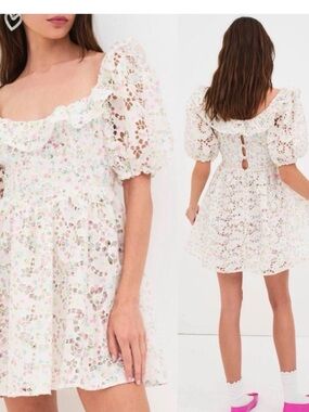 Lovers + Friends White Eyelet Mini Dress with Pastel Floral